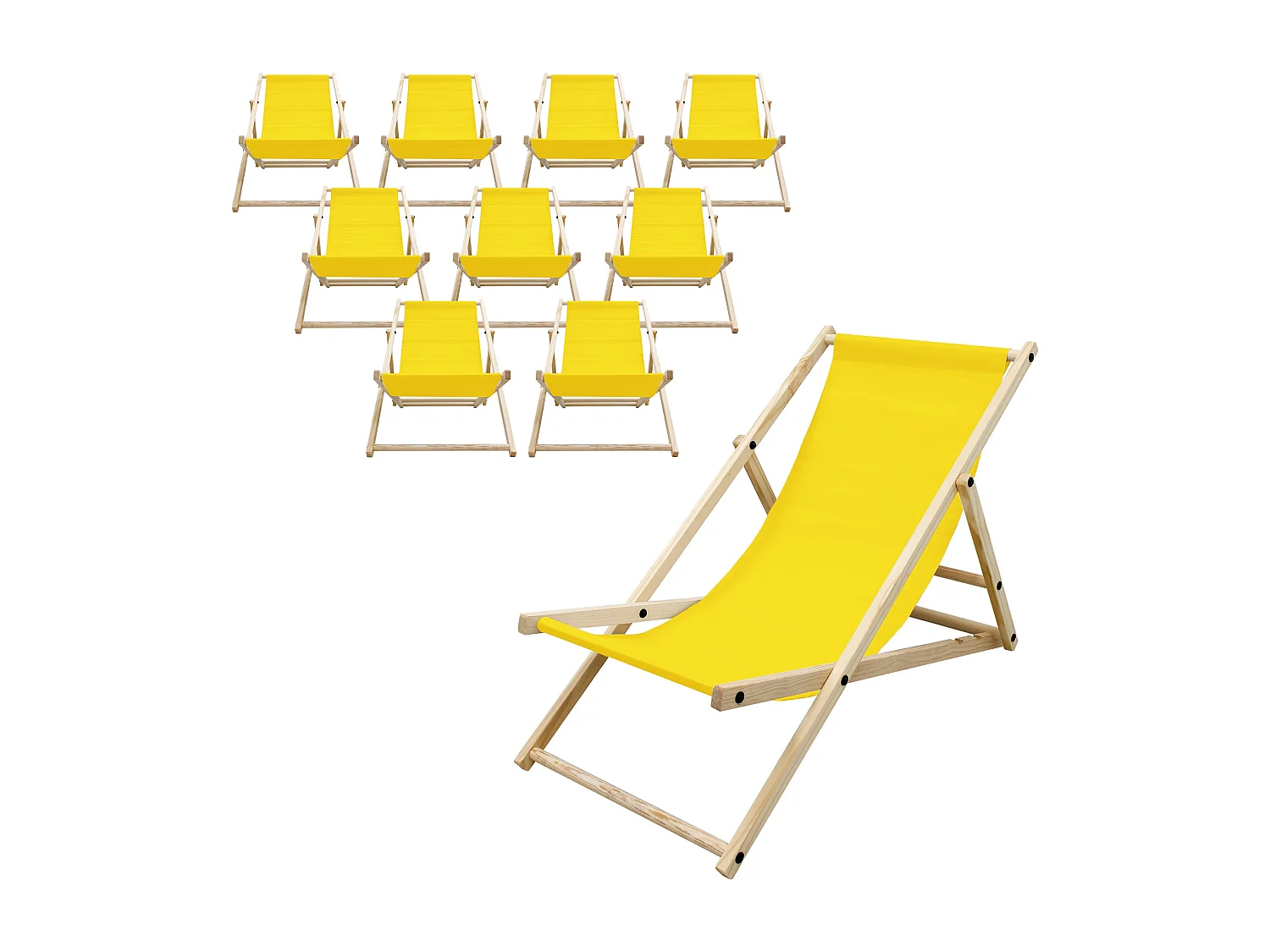 Set 10x Chaise longue de jardin pliable jaune en bois chiliennes 3 positions de couchage  jusqu'à 120 kg usage intérieur et extérieur balcon terrasse