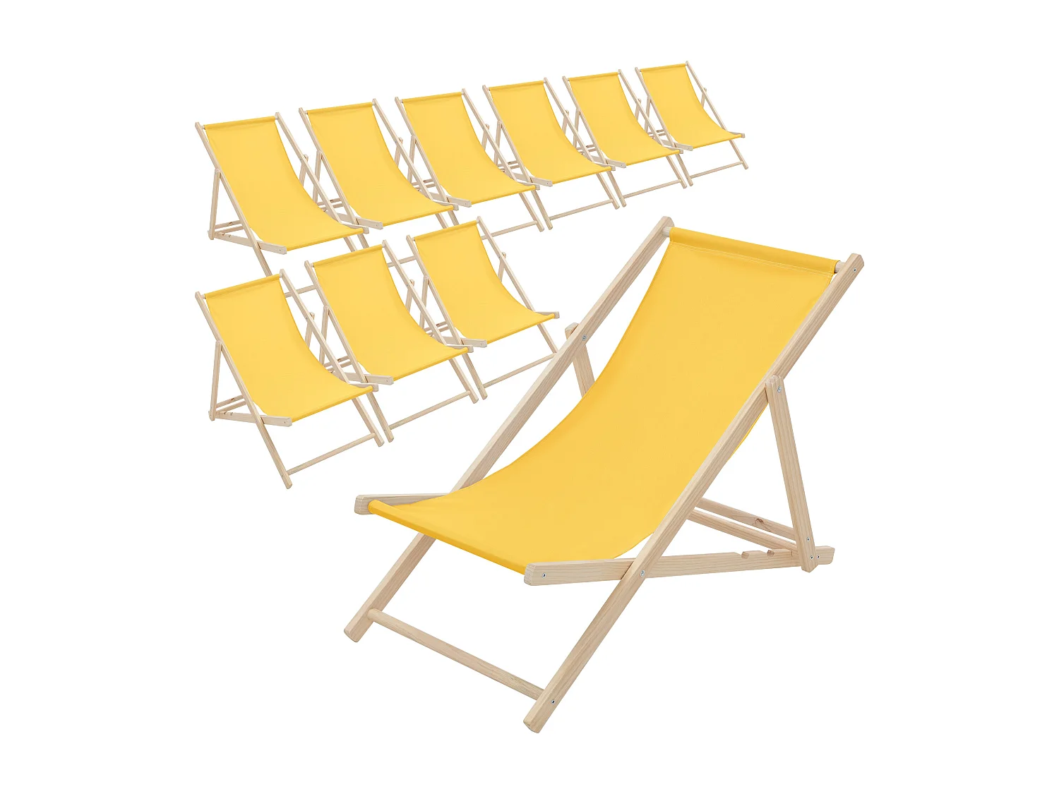 Set 10x Chaise longue de jardin pliable jaune en bois chiliennes 3 positions de couchage  jusqu'à 120 kg usage intérieur et extérieur balcon terrasse