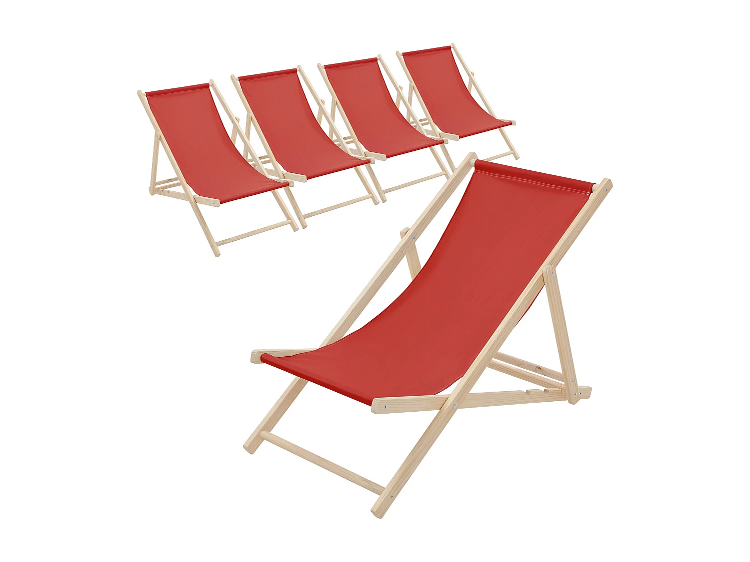 ECD Germany Set 5 sedie a sdraio rosso in legno, regolabile 3 posizioni, prendisole, pieghevoli, fino a 120 kg, esterno spiaggia giardino balcone