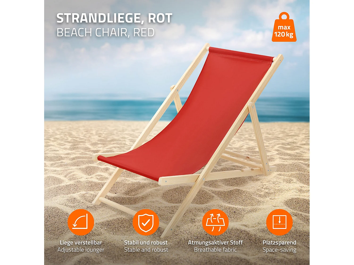 ECD Germany Set 5 sedie a sdraio rosso in legno, regolabile 3 posizioni, prendisole, pieghevoli, fino a 120 kg, esterno spiaggia giardino balcone