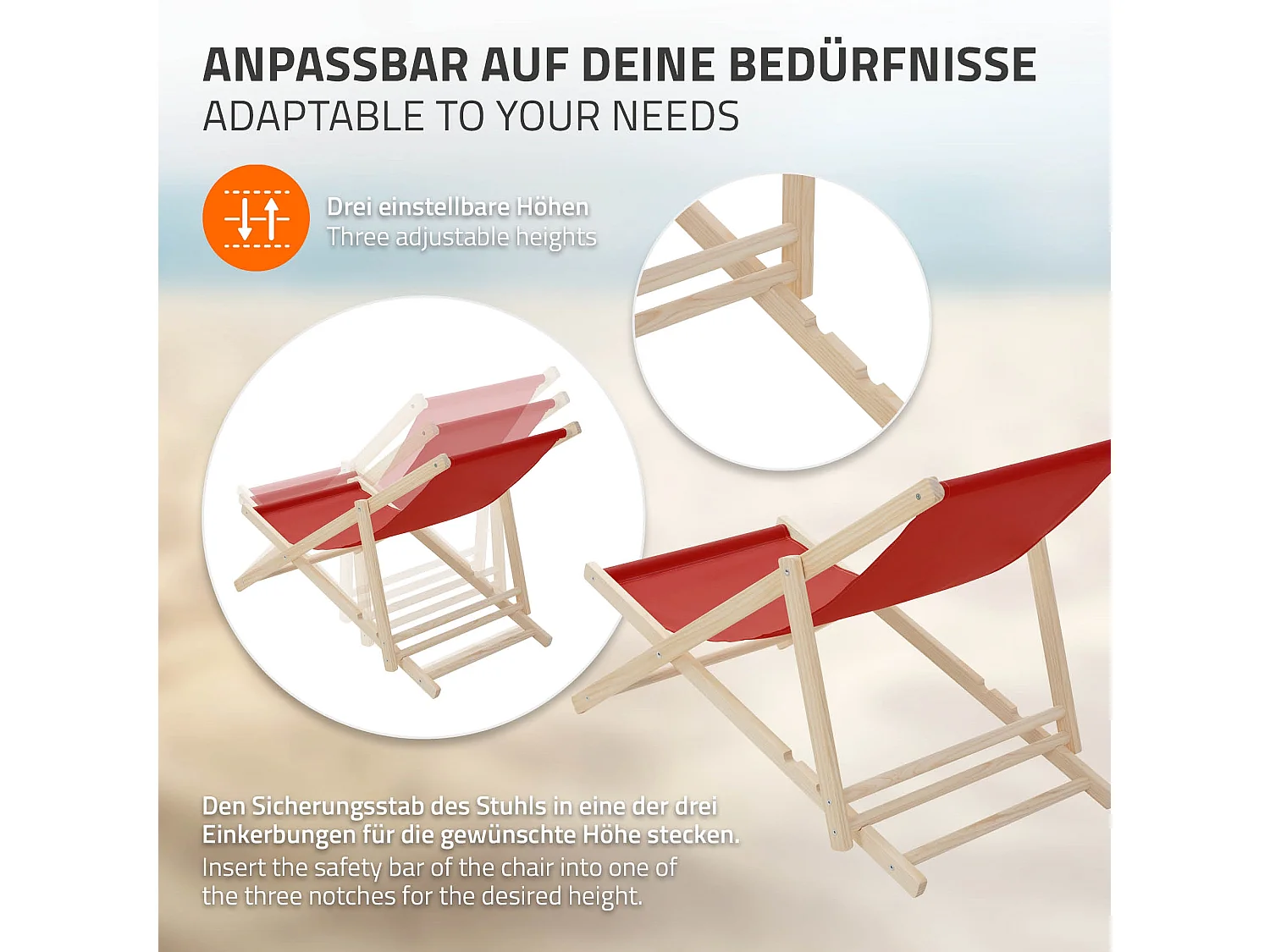 ECD Germany Set 5 sedie a sdraio rosso in legno, regolabile 3 posizioni, prendisole, pieghevoli, fino a 120 kg, esterno spiaggia giardino balcone