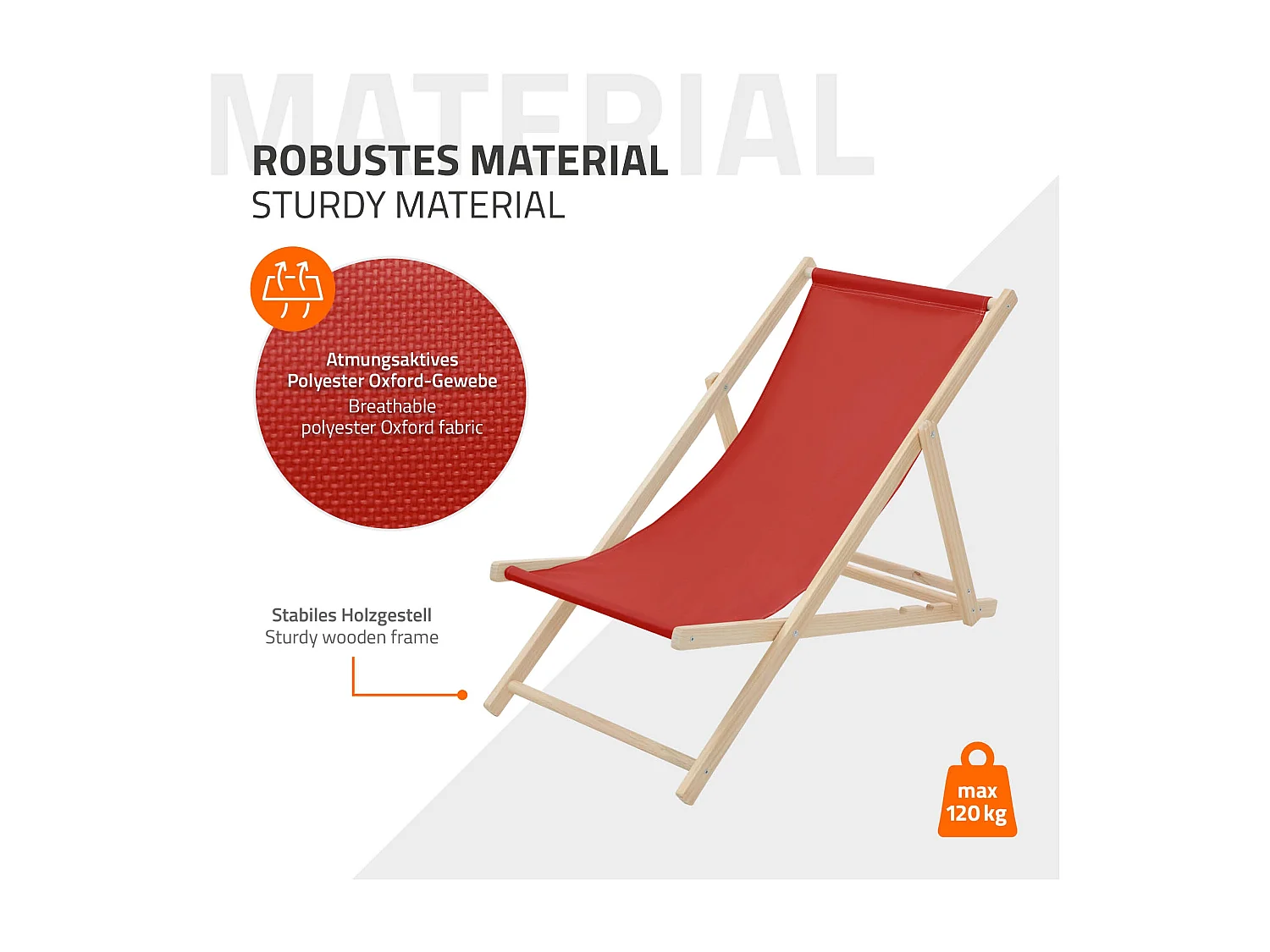 ECD Germany Set 5 sedie a sdraio rosso in legno, regolabile 3 posizioni, prendisole, pieghevoli, fino a 120 kg, esterno spiaggia giardino balcone