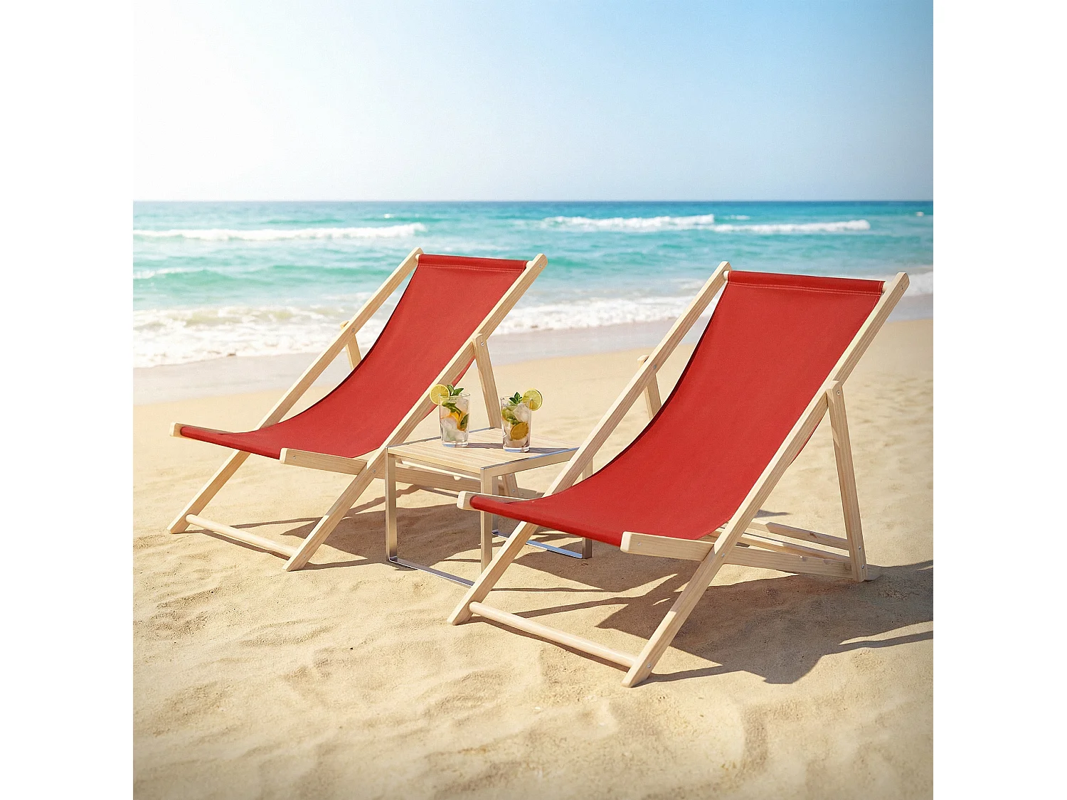 ECD Germany Set 5 sedie a sdraio rosso in legno, regolabile 3 posizioni, prendisole, pieghevoli, fino a 120 kg, esterno spiaggia giardino balcone