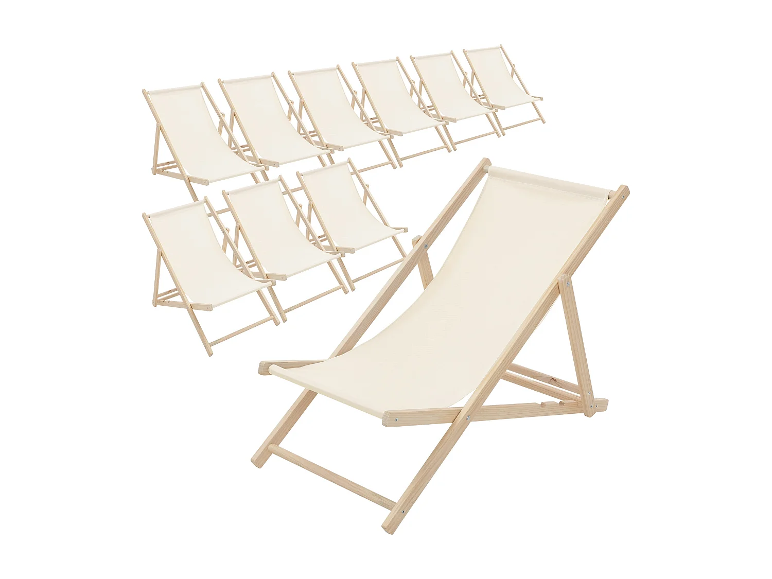 Set 10x Chaise longue de jardin pliable beige en bois chiliennes 3 positions de couchage jusqu'à 120 kg usage intérieur et extérieur balcon terrasse