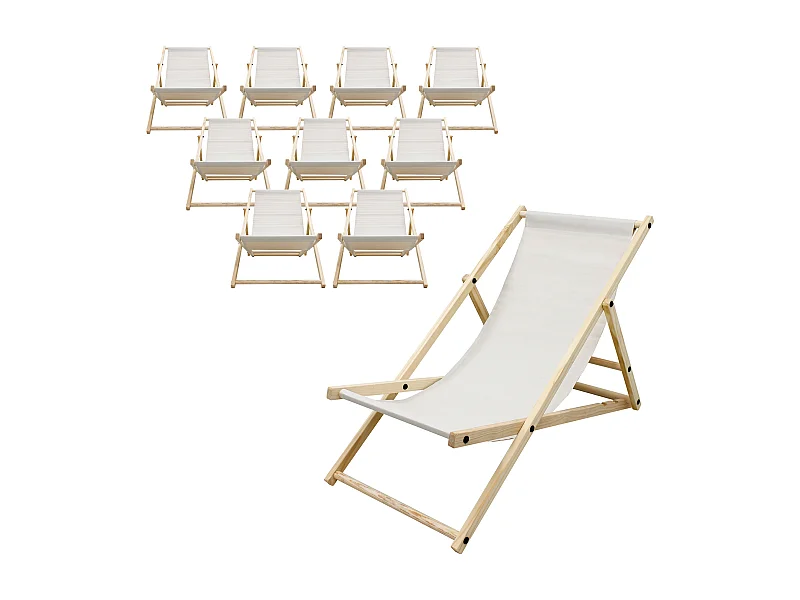 Set 10x Chaise longue de jardin pliable beige en bois chiliennes 3 positions de couchage  jusqu'à 120 kg usage intérieur et extérieur balcon terrasse