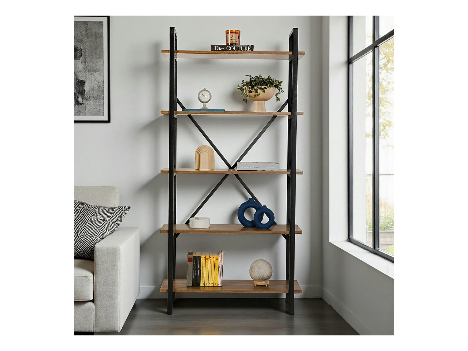 Bibliothèque étagère noire, 5 plateaux effet noyer JENA