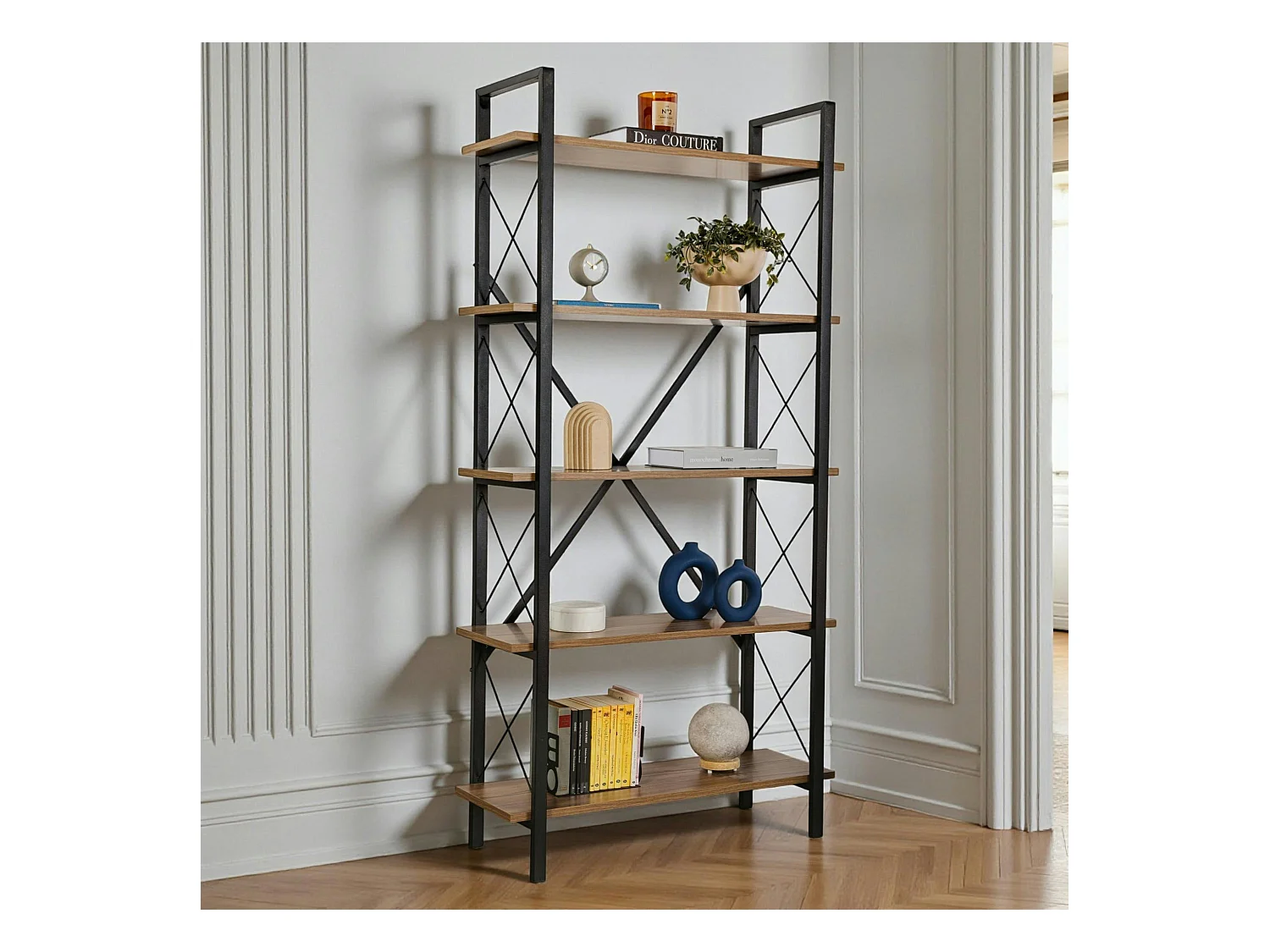 Bibliothèque étagère noire, 5 plateaux effet noyer JENA