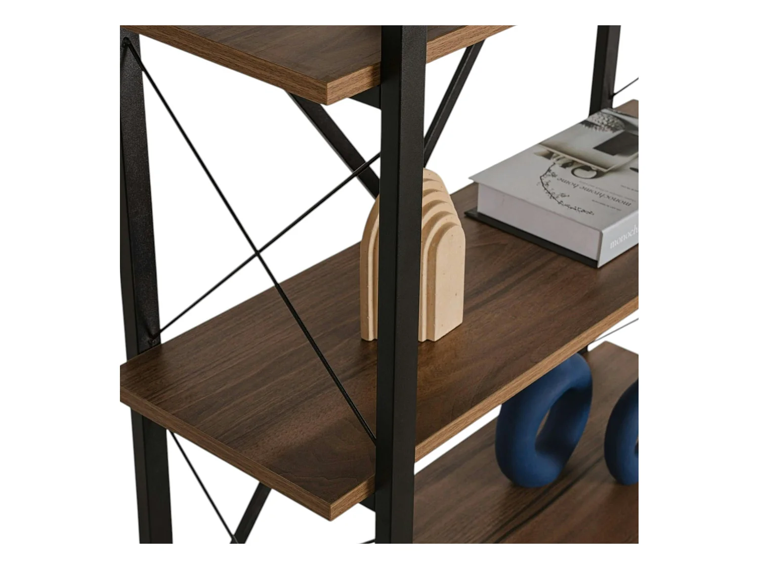 Bibliothèque étagère noire, 5 plateaux effet noyer JENA