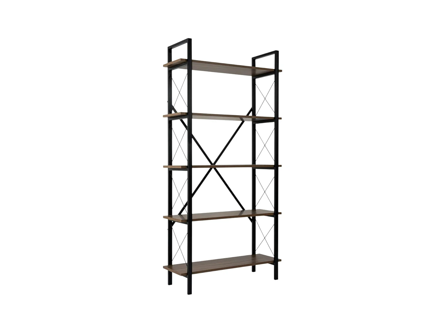 Bibliothèque étagère noire, 5 plateaux effet noyer JENA