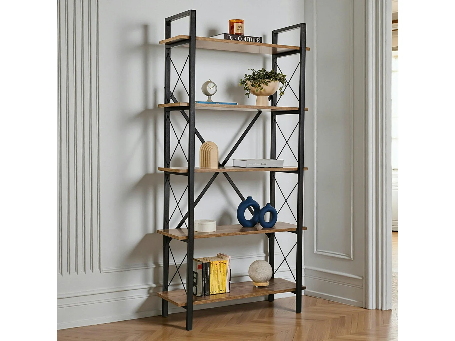 Bibliothèque étagère noire, 5 plateaux effet noyer JENA