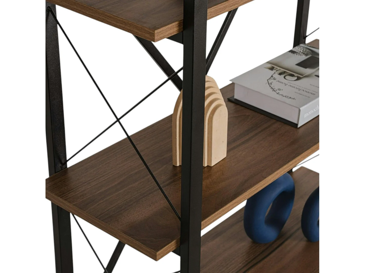 Bibliothèque étagère noire, 5 plateaux effet noyer JENA