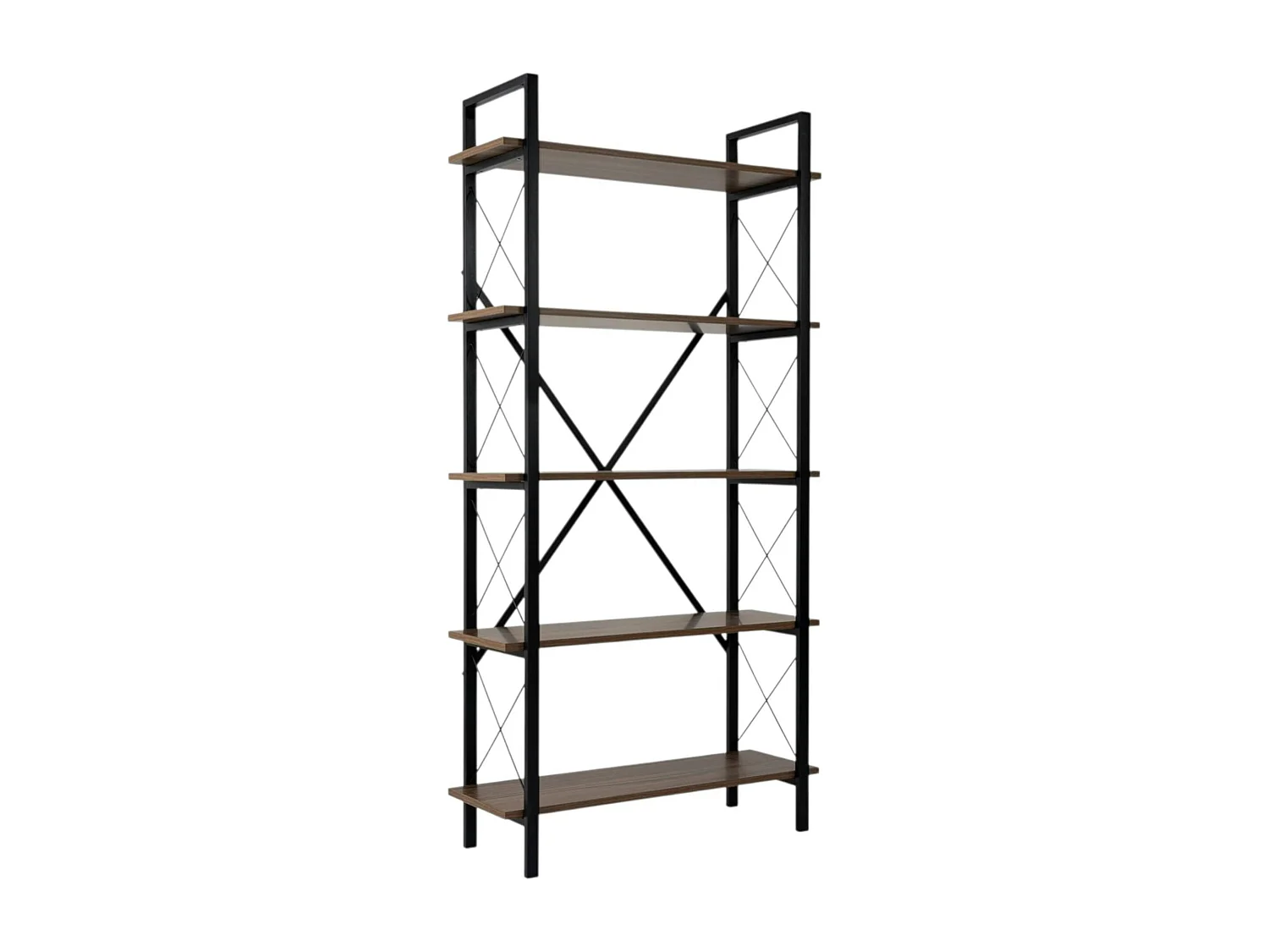 Bibliothèque étagère noire, 5 plateaux effet noyer JENA