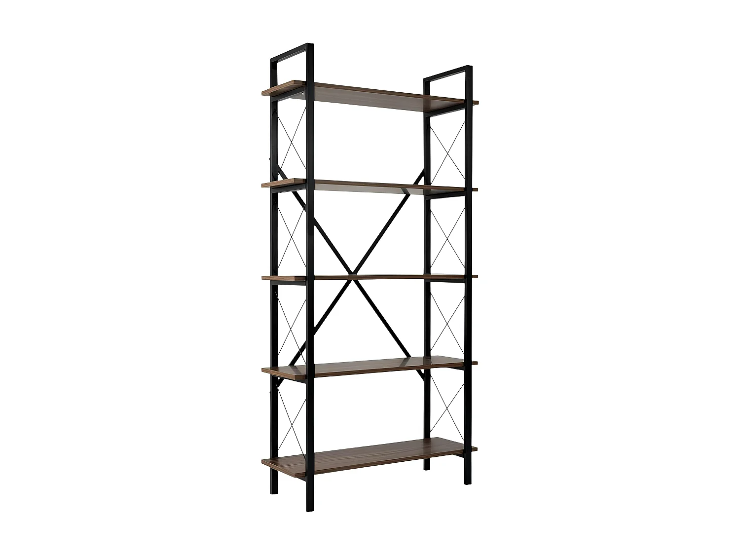 Bibliothèque étagère noire, 5 plateaux effet noyer JENA