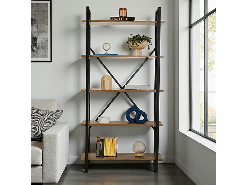 Bibliothèque étagère noire, 5 plateaux effet noyer JENA