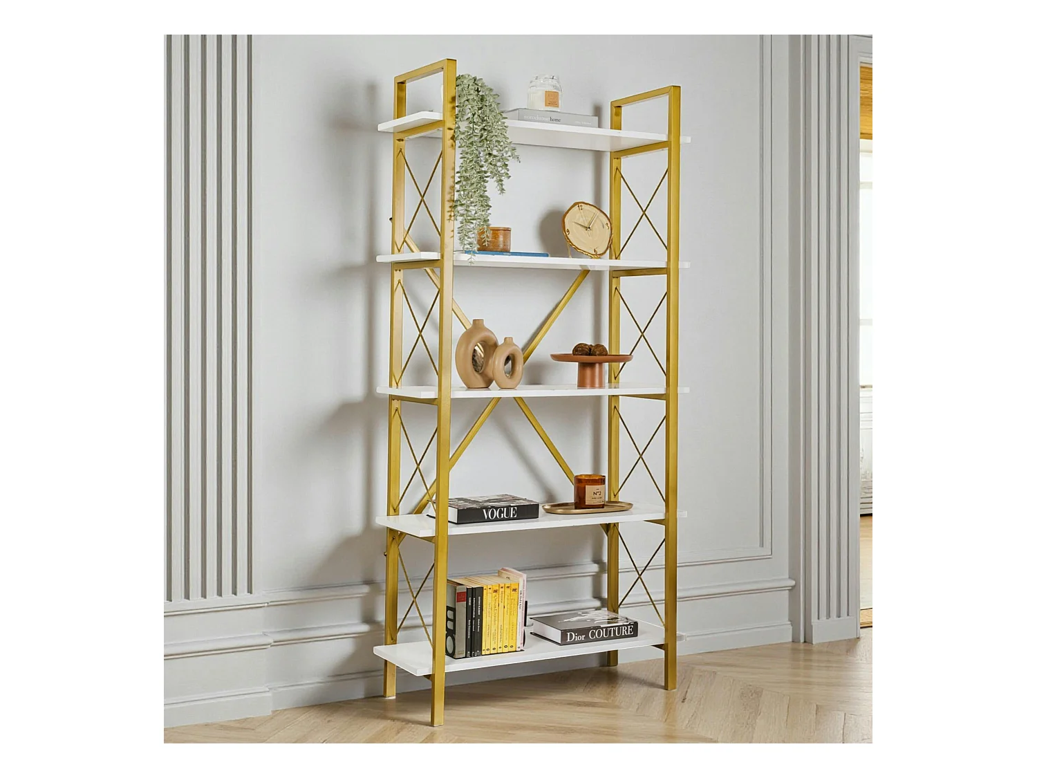 Bibliothèque étagère dorée, 5 plateaux blancs JENA