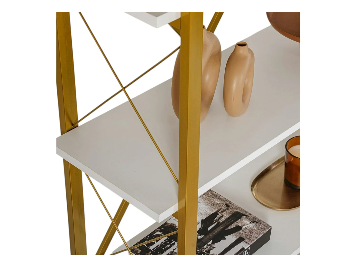 Bibliothèque étagère dorée, 5 plateaux blancs JENA