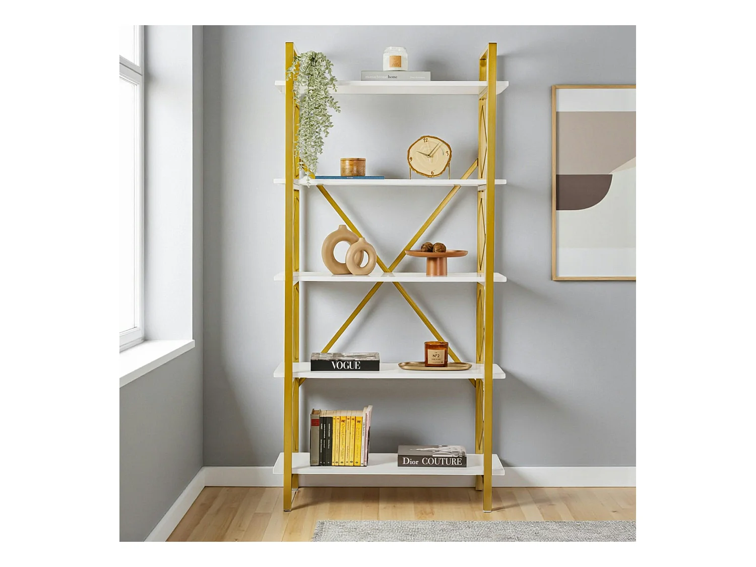 Bibliothèque étagère dorée, 5 plateaux blancs JENA