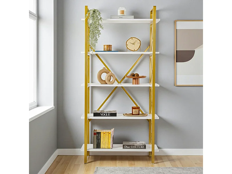 Bibliothèque étagère dorée, 5 plateaux blancs JENA