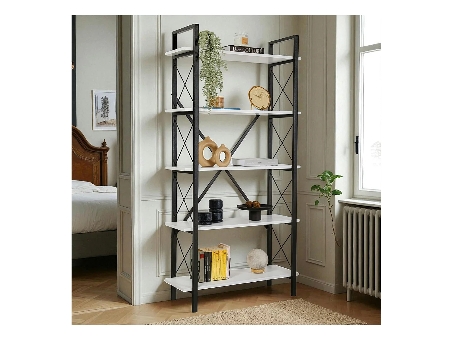 Bibliothèque étagère noire, 5 plateaux blancs JENA