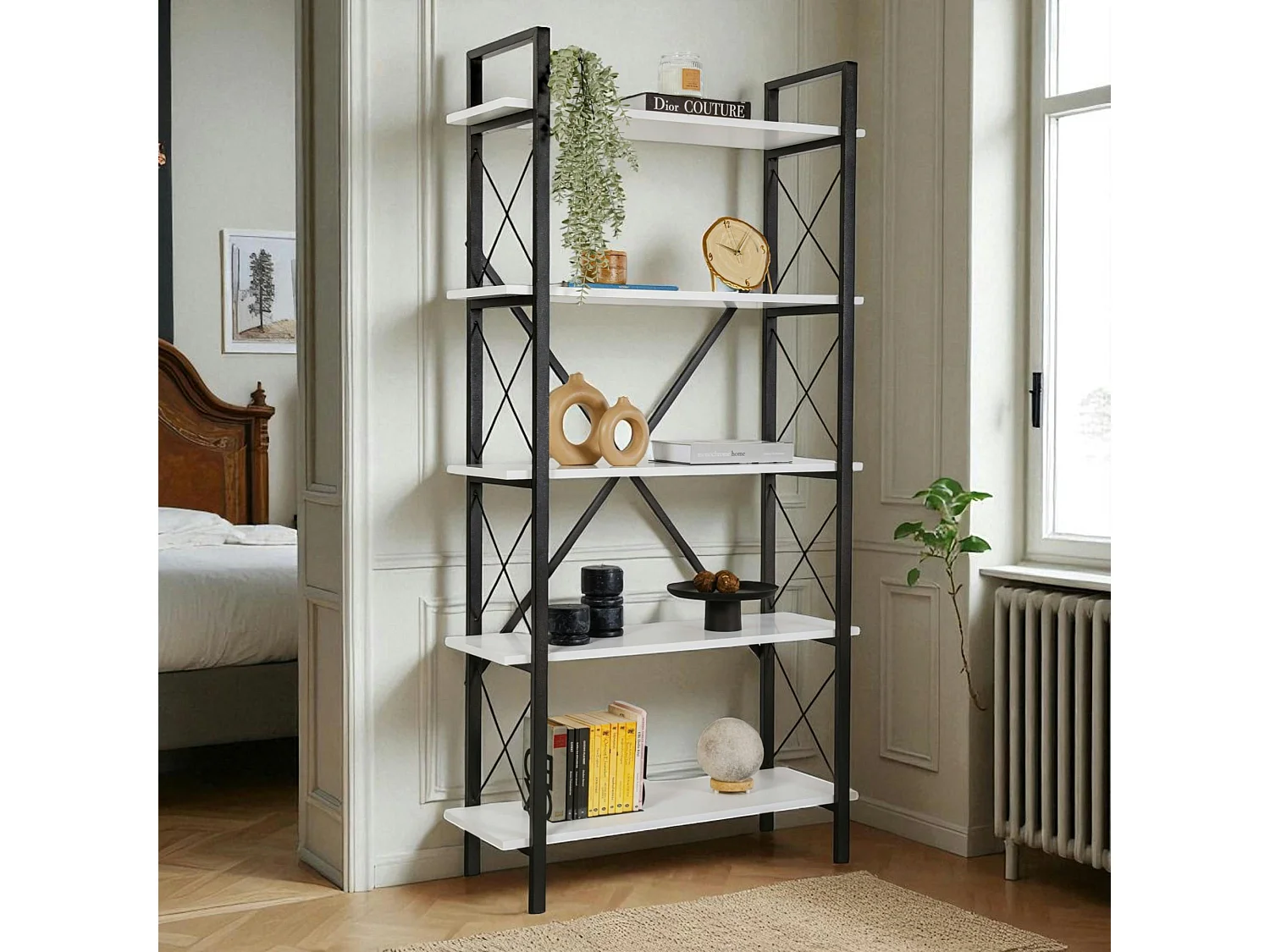 Bibliothèque étagère noire, 5 plateaux blancs JENA