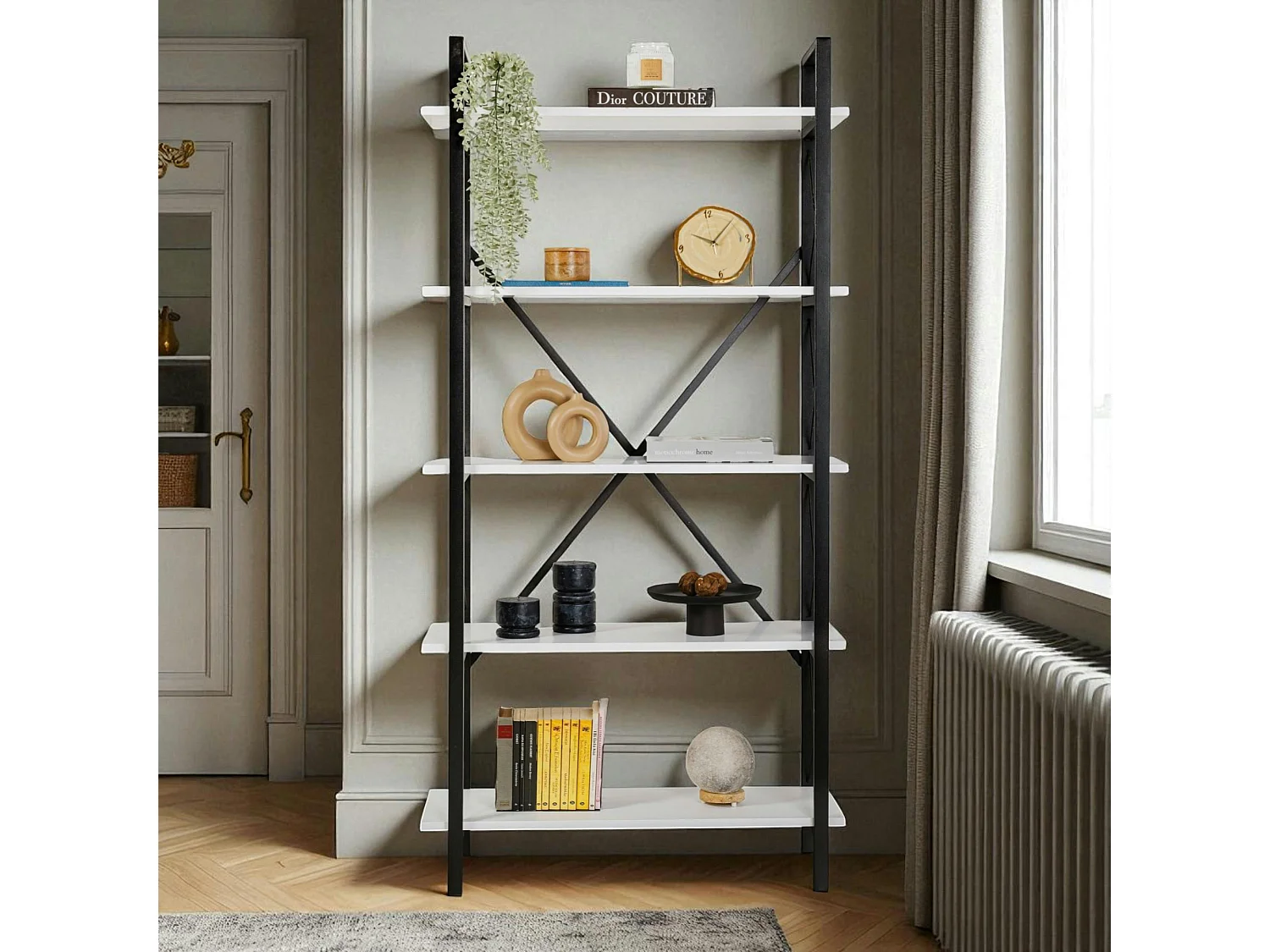 Bibliothèque étagère noire, 5 plateaux blancs JENA