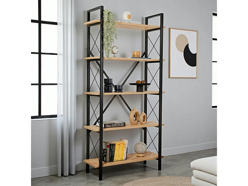 Bibliothèque étagère noire, 5 plateaux effet chêne clair JENA