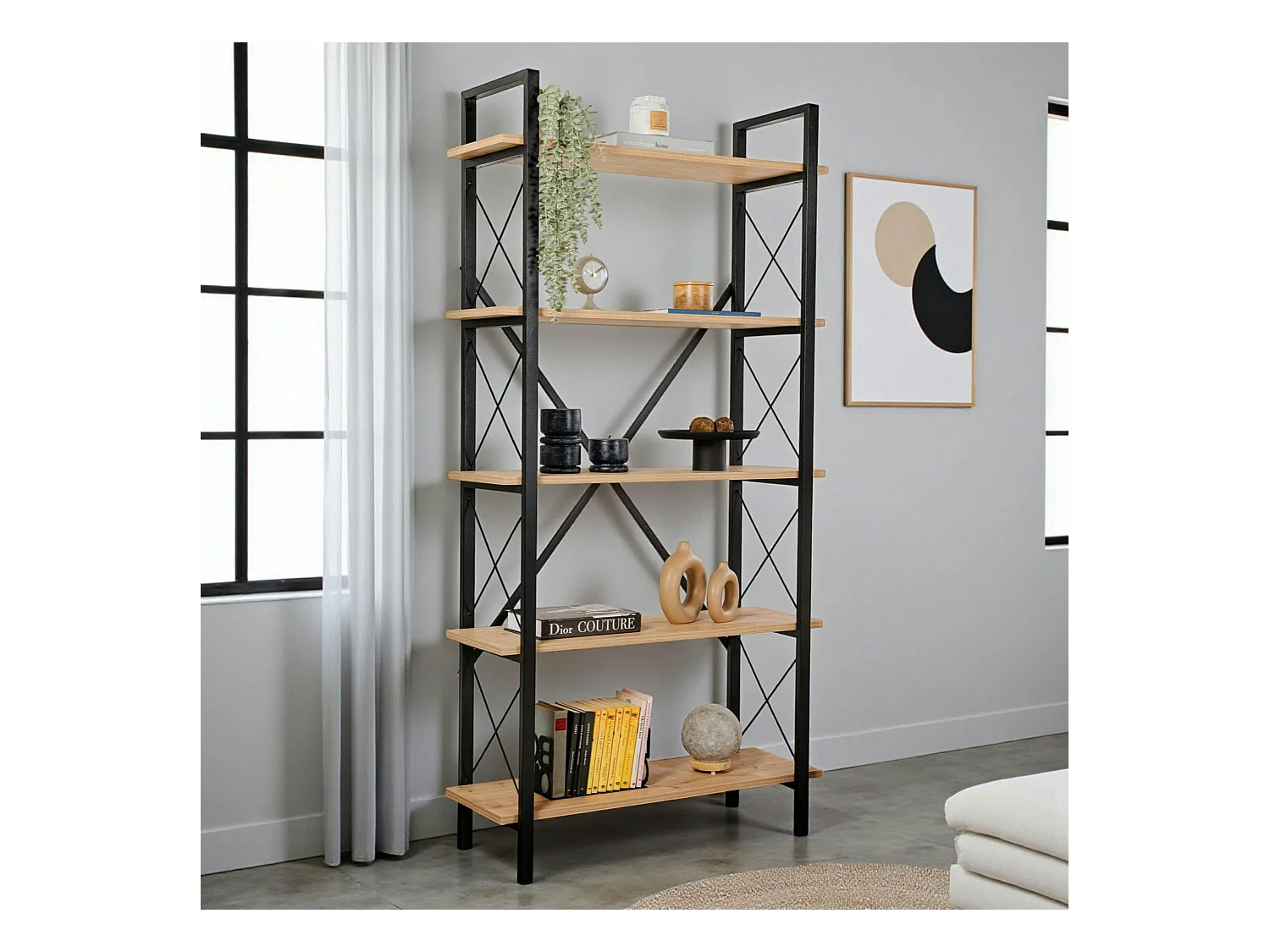 Bibliothèque étagère noire, 5 plateaux effet chêne clair JENA