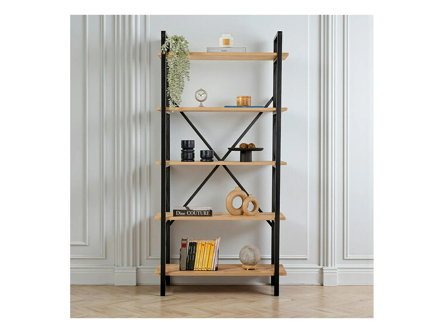 Bibliothèque étagère noire, 5 plateaux effet chêne clair JENA