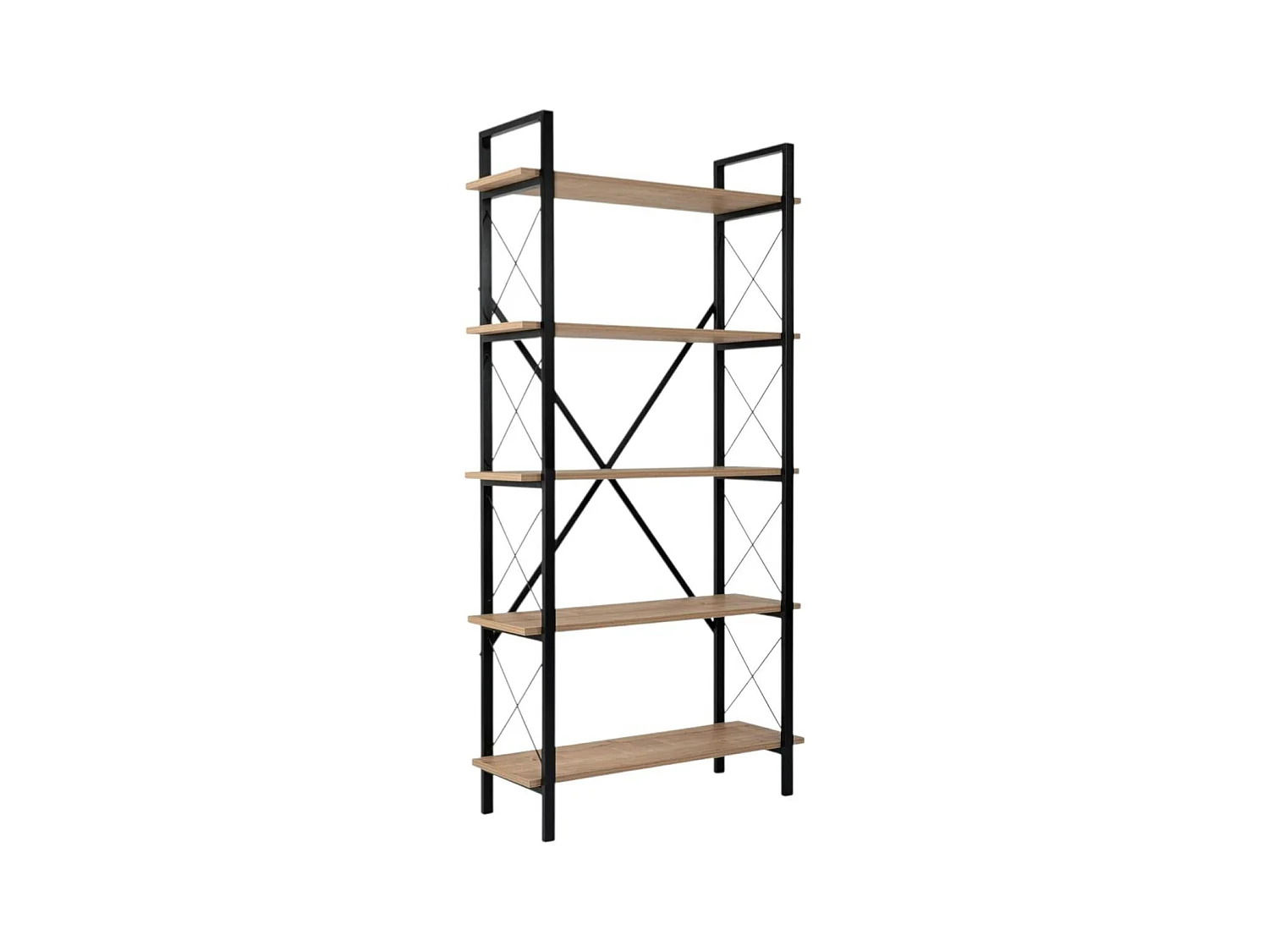 Bibliothèque étagère noire, 5 plateaux effet chêne clair JENA