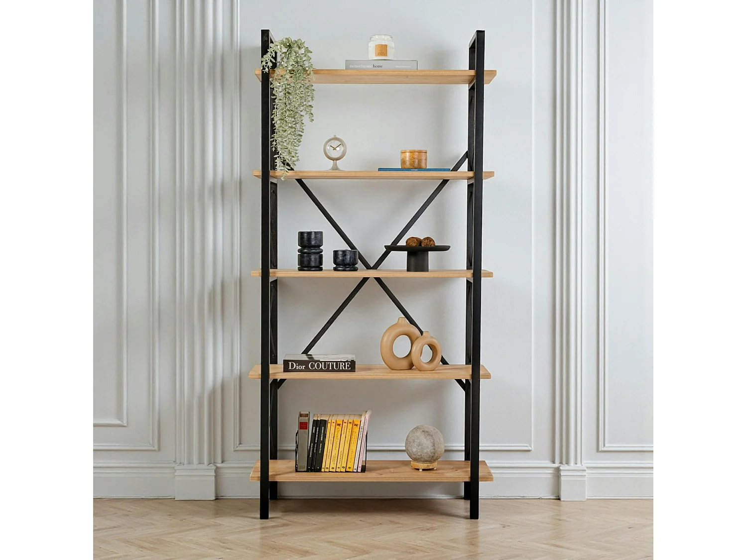 Bibliothèque étagère noire, 5 plateaux effet chêne clair JENA