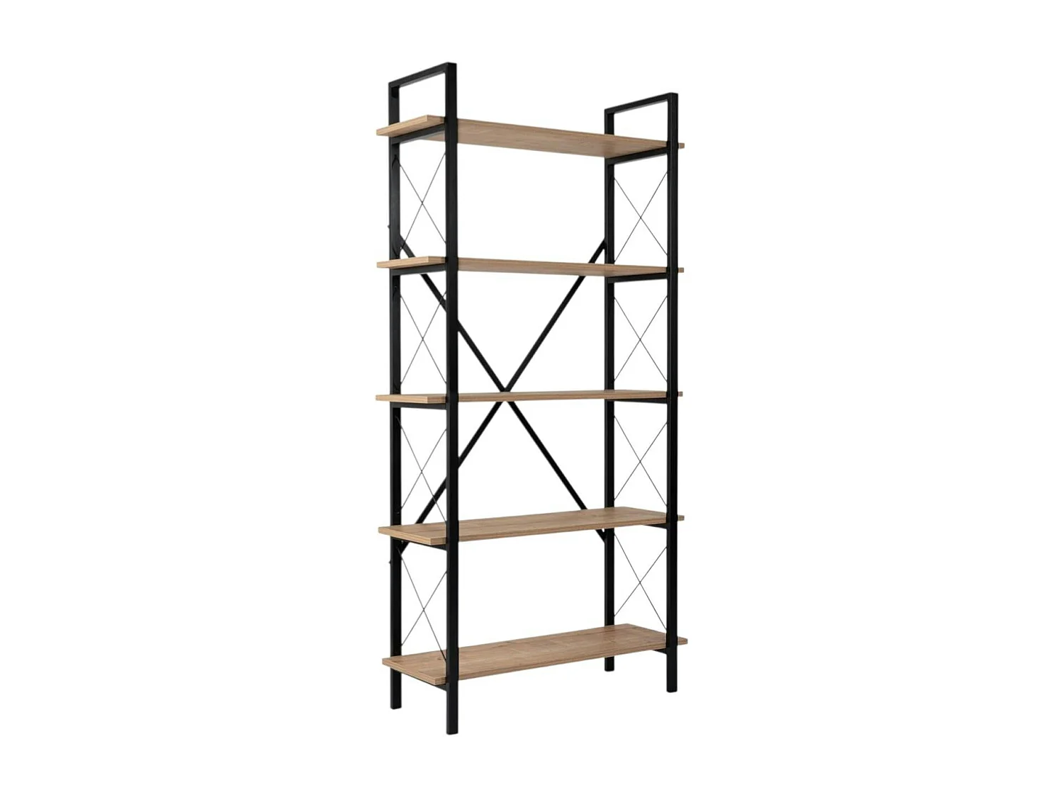 Bibliothèque étagère noire, 5 plateaux effet chêne clair JENA