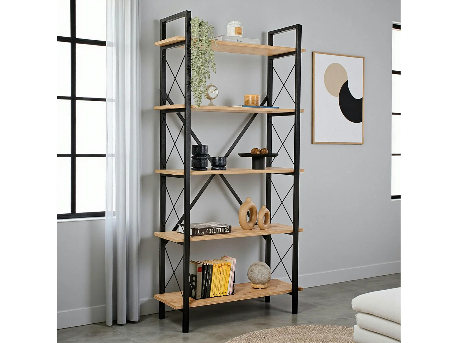 Bibliothèque étagère noire, 5 plateaux effet chêne clair JENA