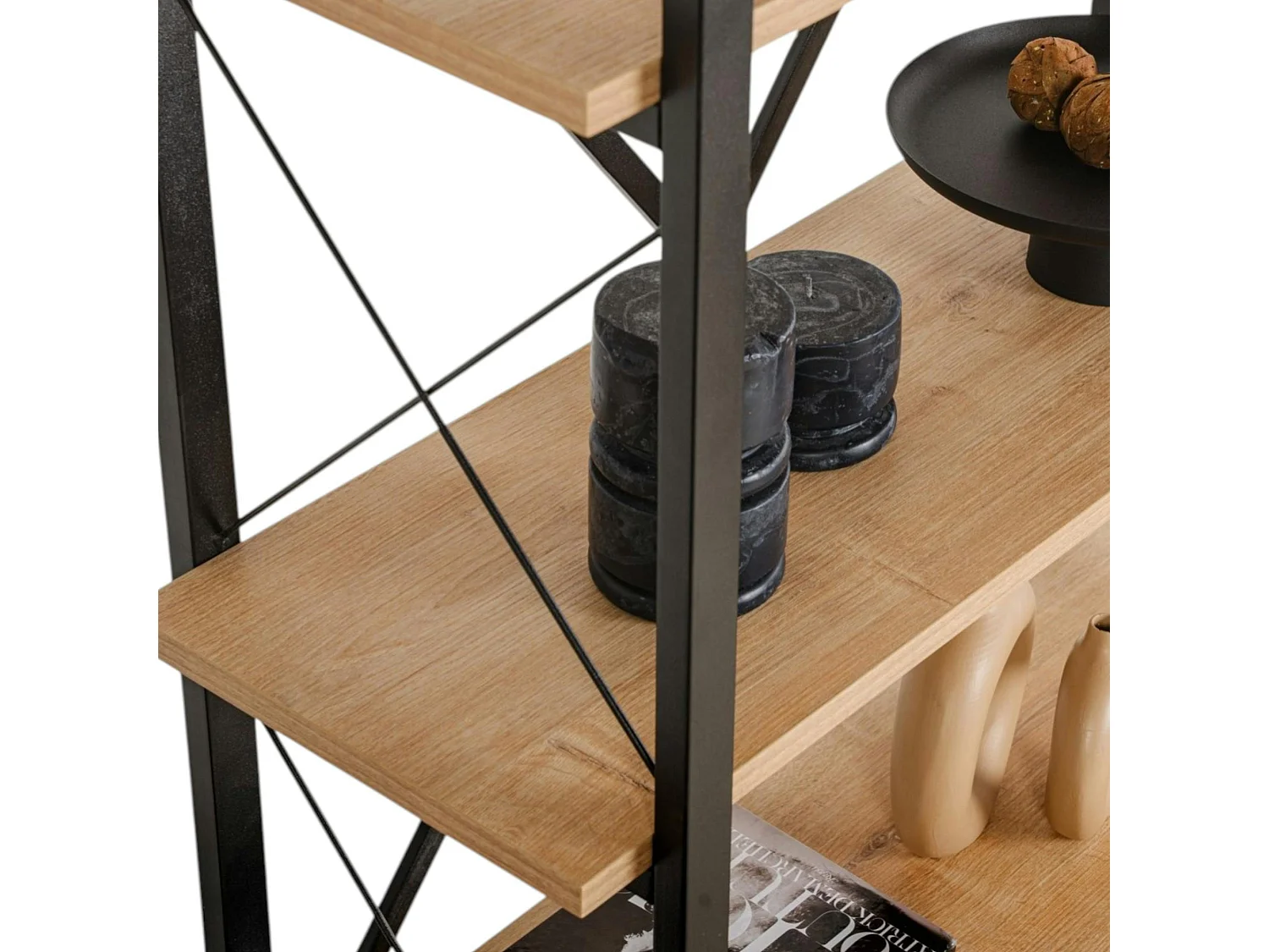 Bibliothèque étagère noire, 5 plateaux effet chêne clair JENA