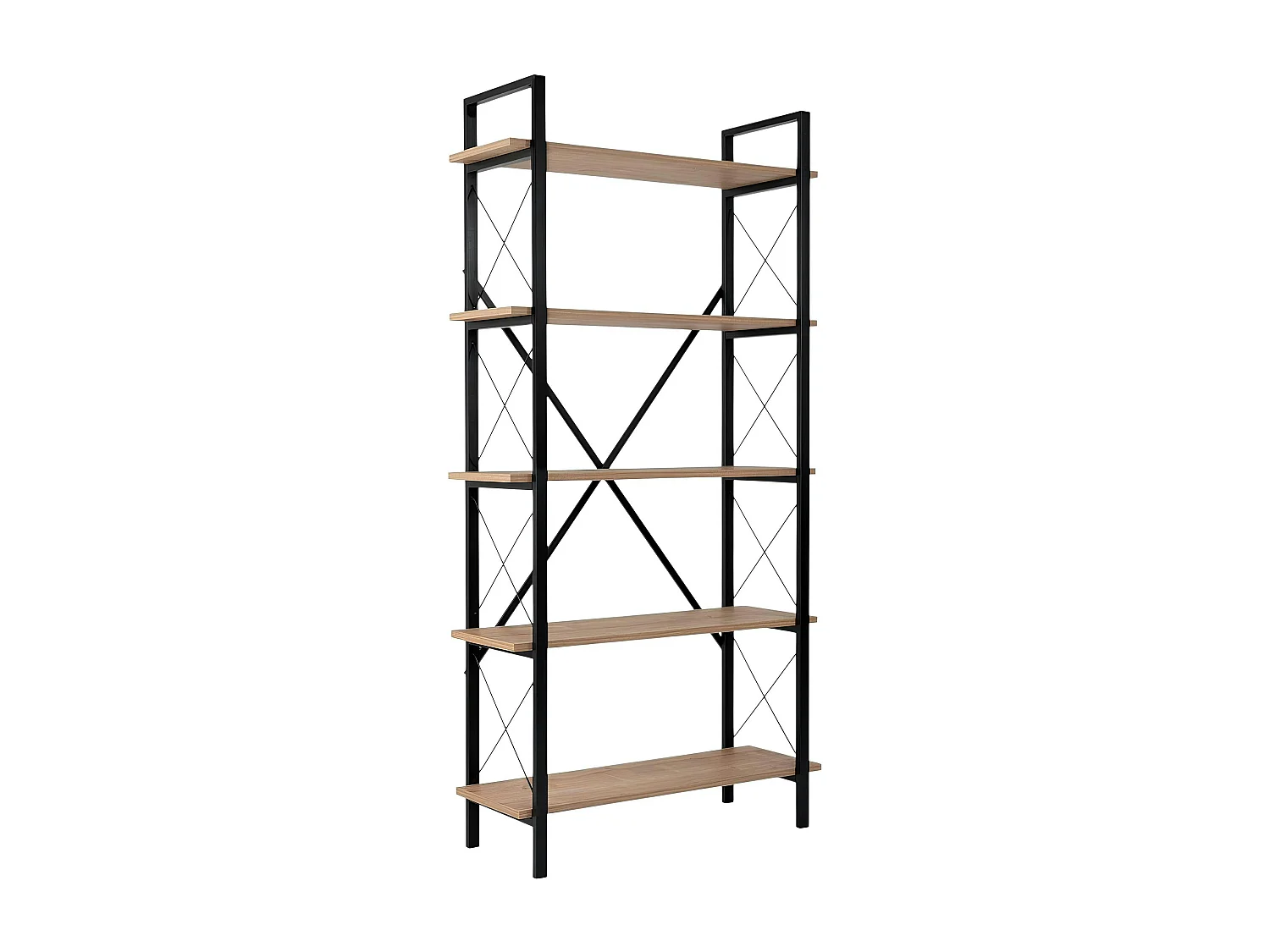 Bibliothèque étagère noire, 5 plateaux effet chêne clair JENA