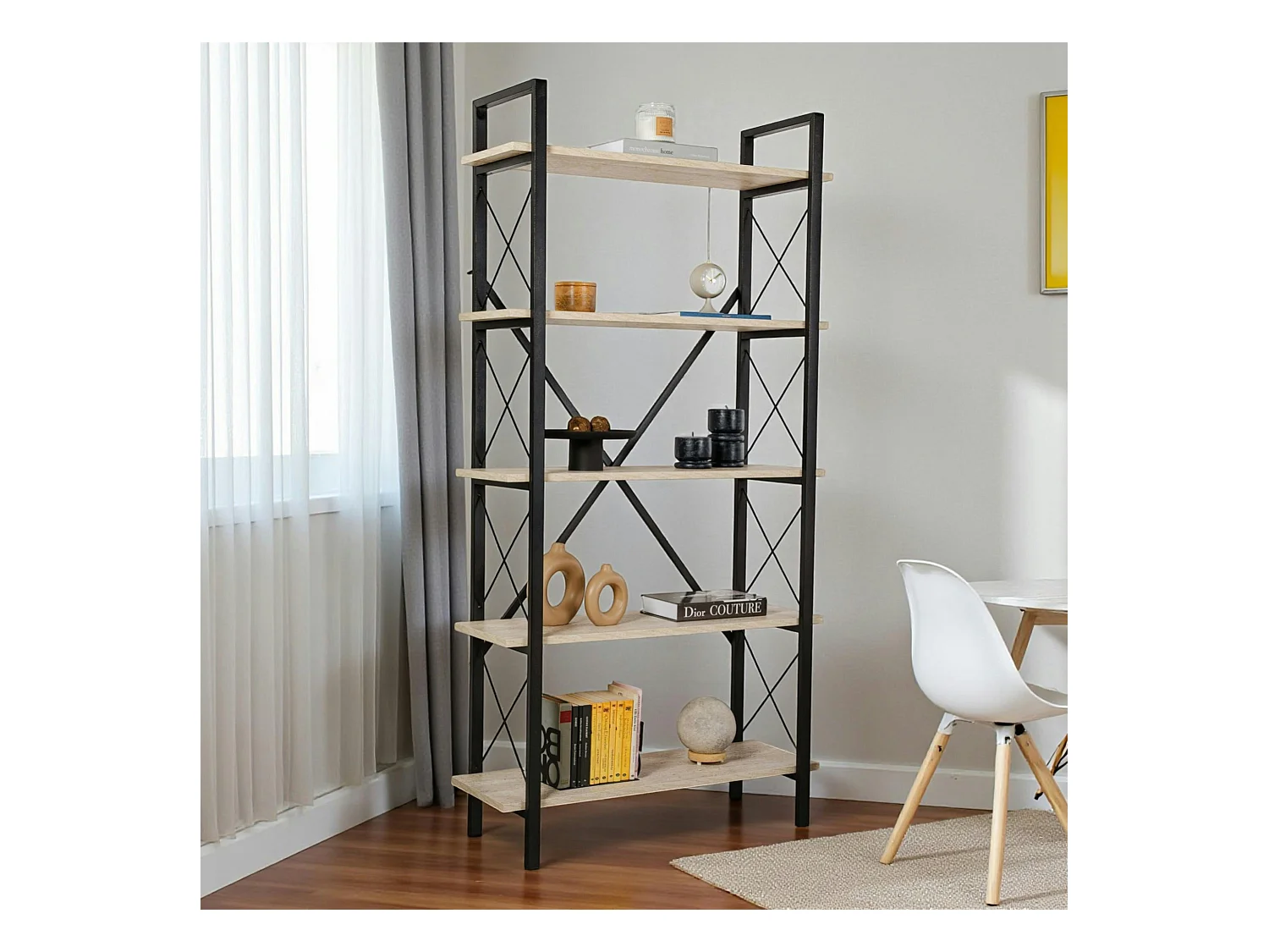 Bibliothèque étagère noire, 5 plateaux effet travertin JENA