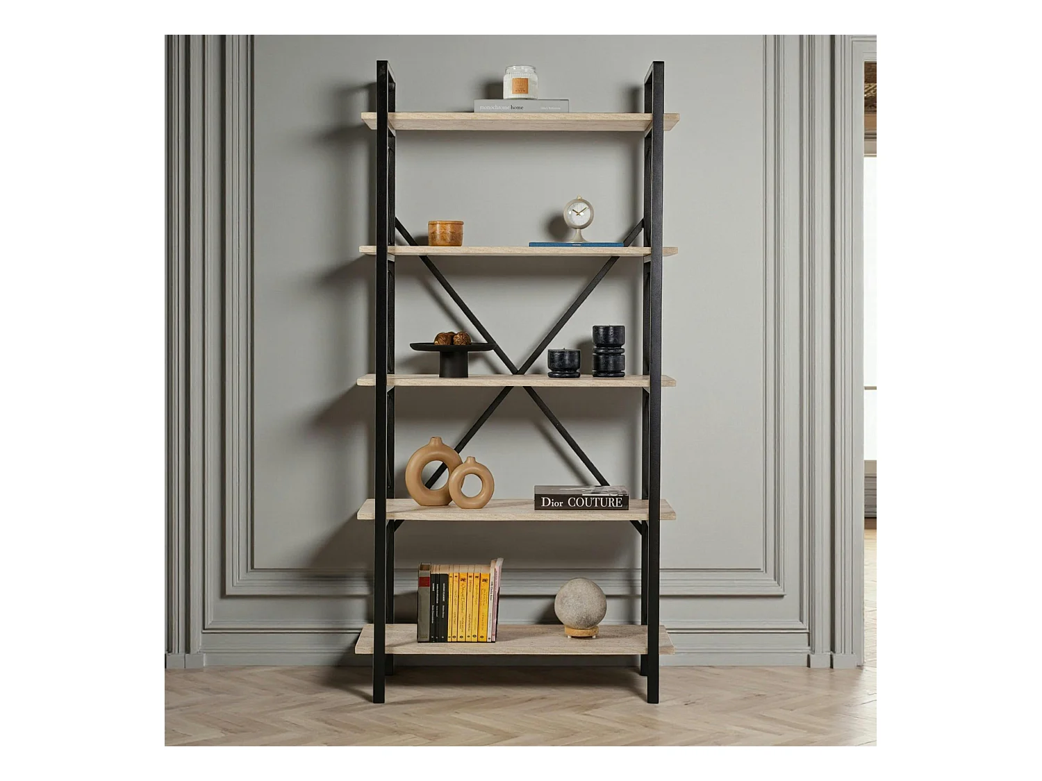 Bibliothèque étagère noire, 5 plateaux effet travertin JENA
