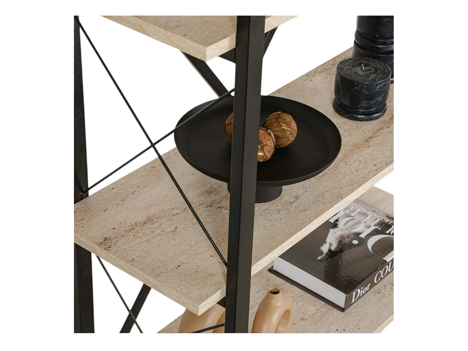 Bibliothèque étagère noire, 5 plateaux effet travertin JENA