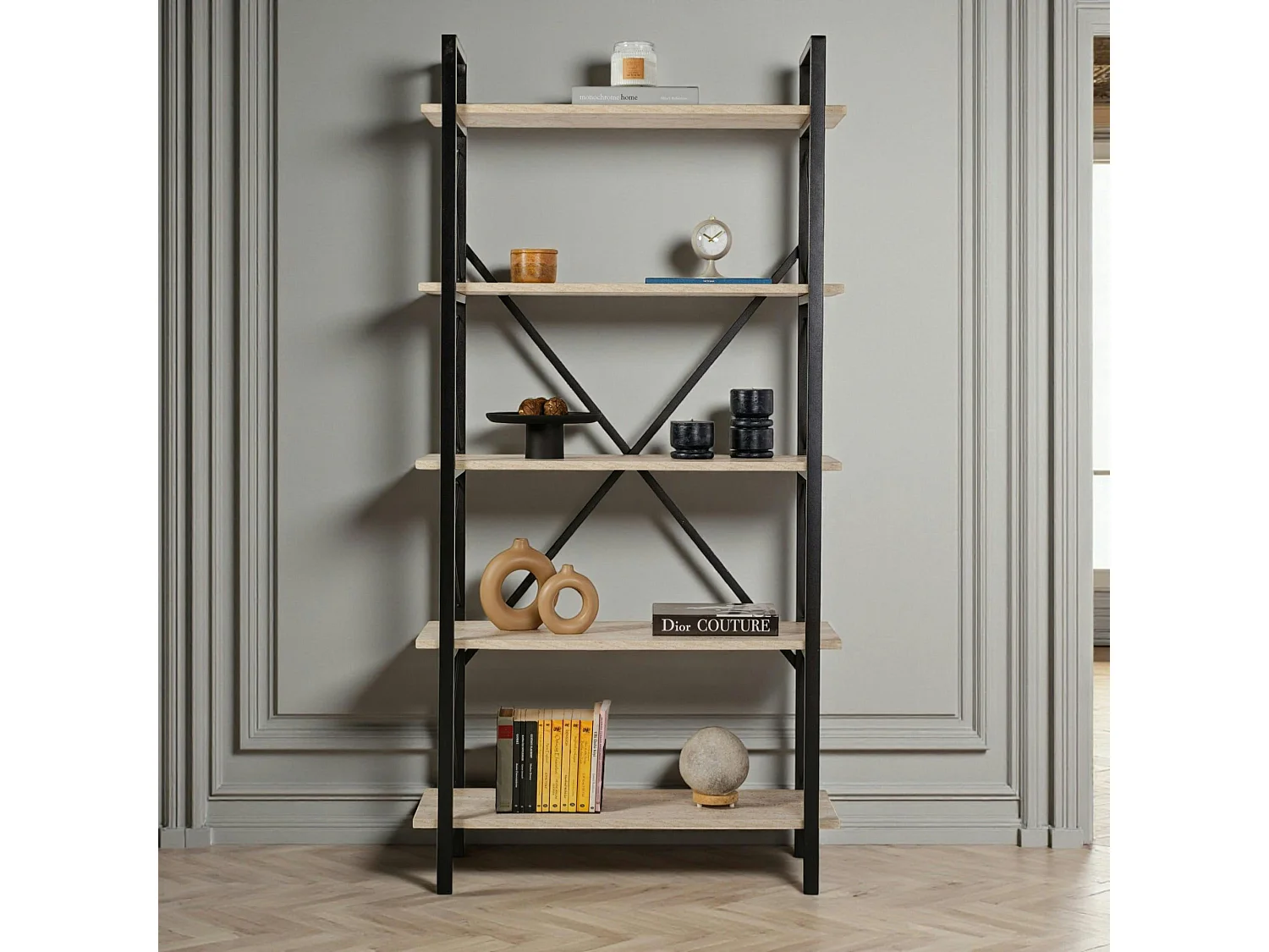 Bibliothèque étagère noire, 5 plateaux effet travertin JENA