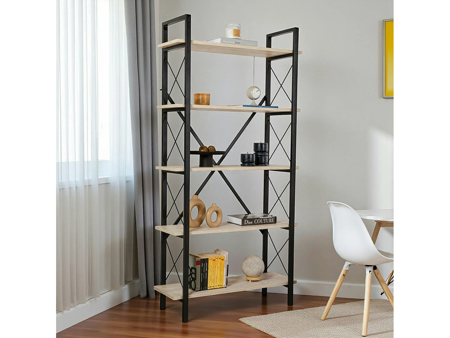 Bibliothèque étagère noire, 5 plateaux effet travertin JENA