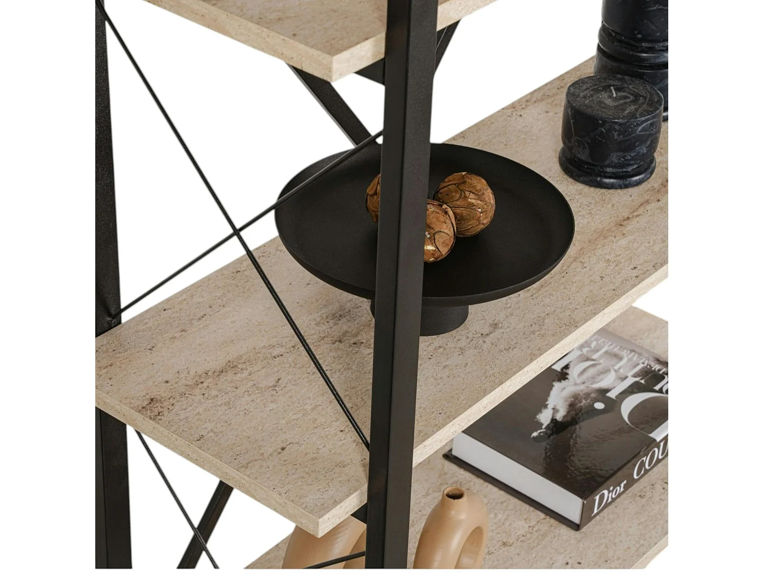 Bibliothèque étagère noire, 5 plateaux effet travertin JENA