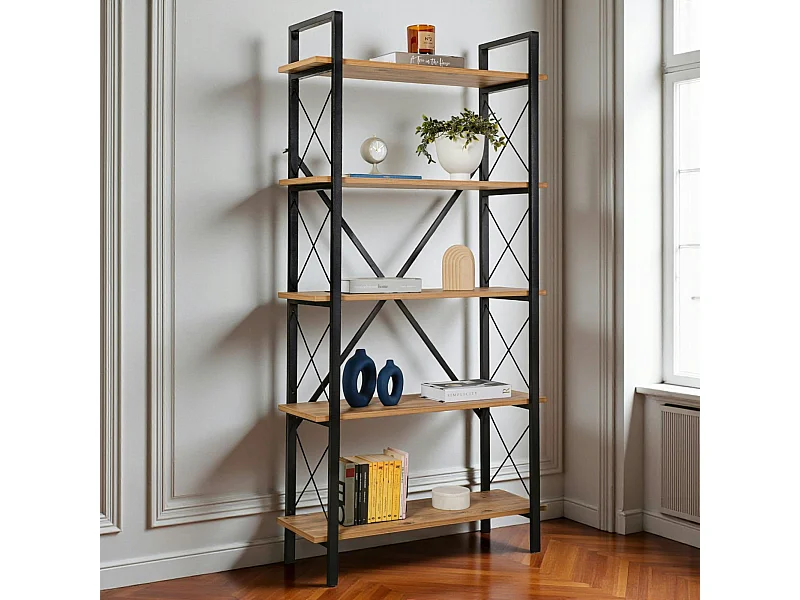 Bibliothèque étagère noire, 5 plateaux effet pin JENA