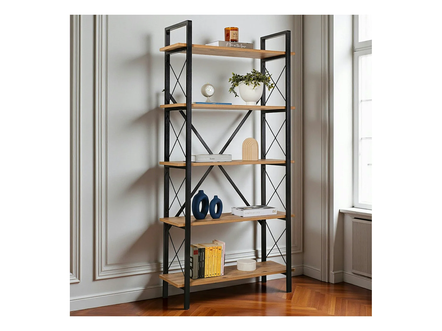 Bibliothèque étagère noire, 5 plateaux effet pin JENA