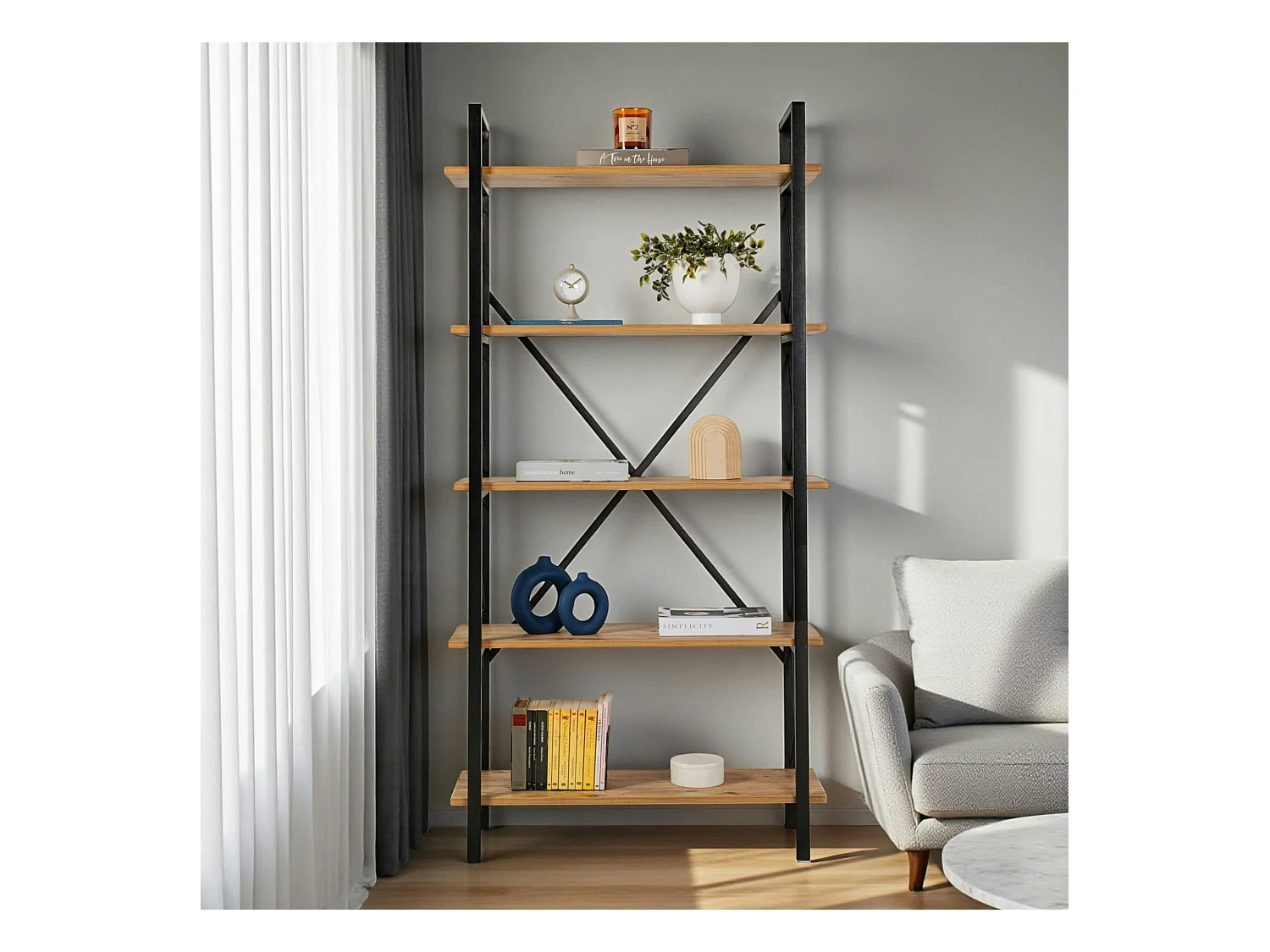 Bibliothèque étagère noire, 5 plateaux effet pin JENA