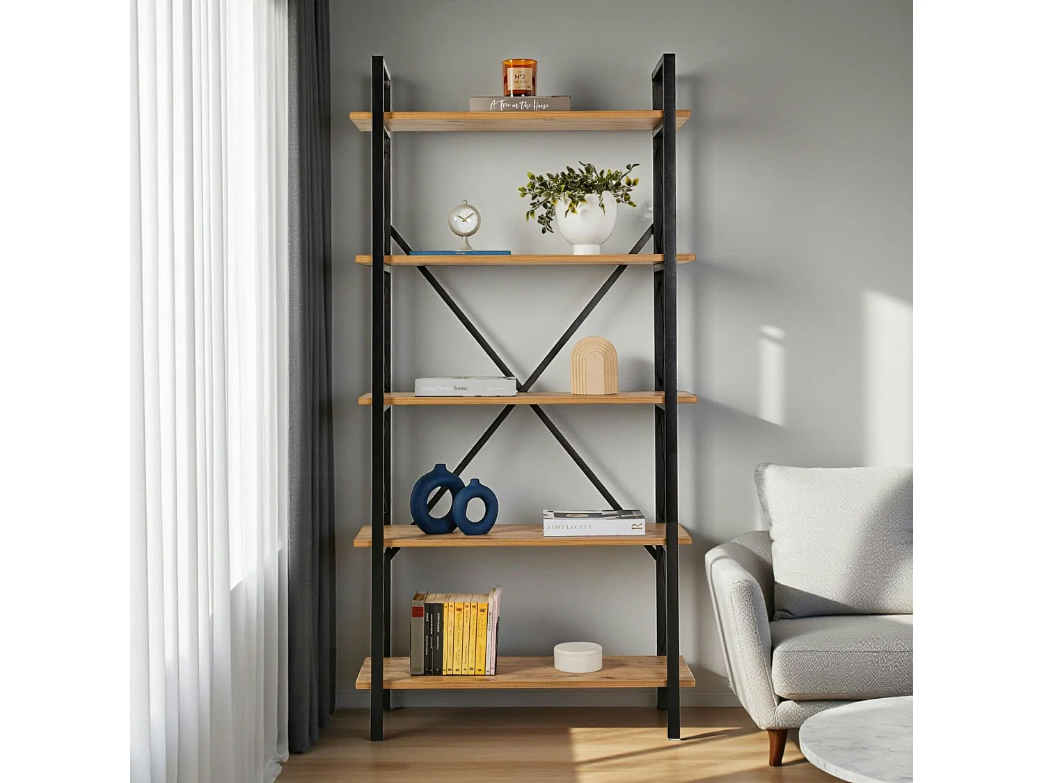 Bibliothèque étagère noire, 5 plateaux effet pin JENA