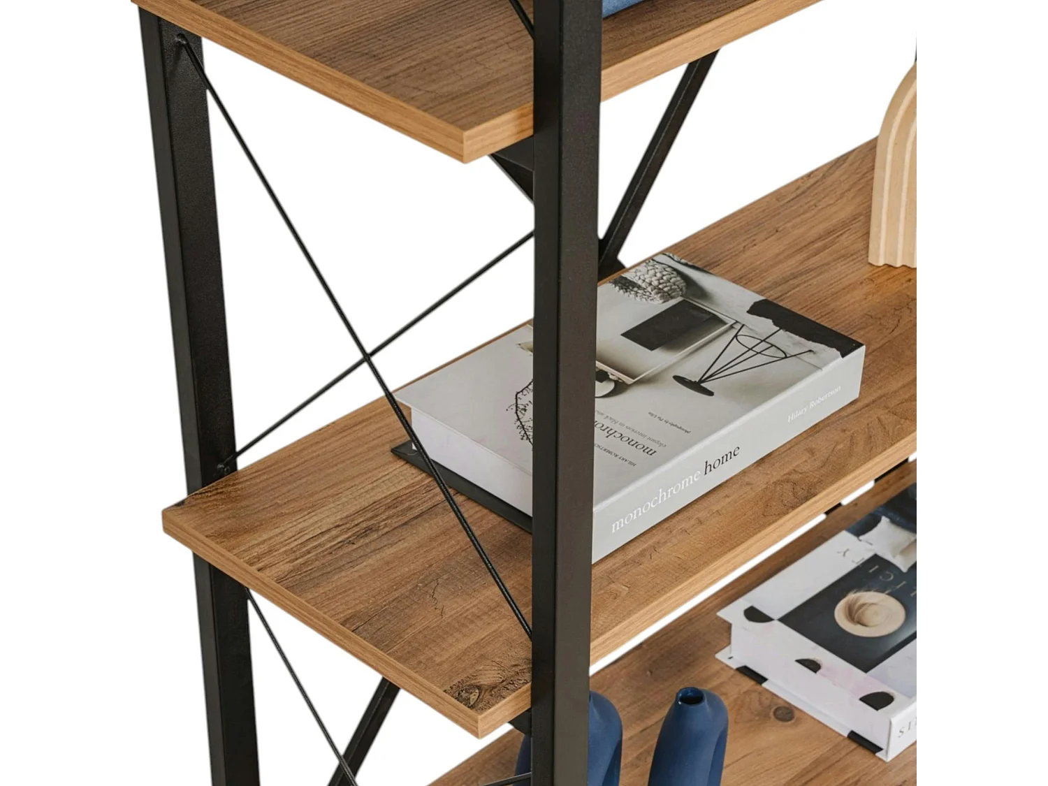 Bibliothèque étagère noire, 5 plateaux effet pin JENA