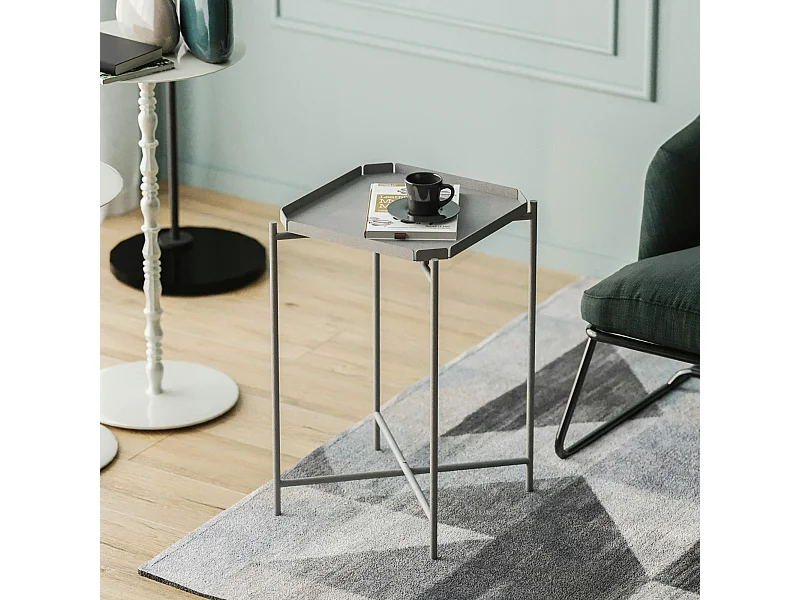 Petite table d’appoint grise carrée, pieds croisés SFAX