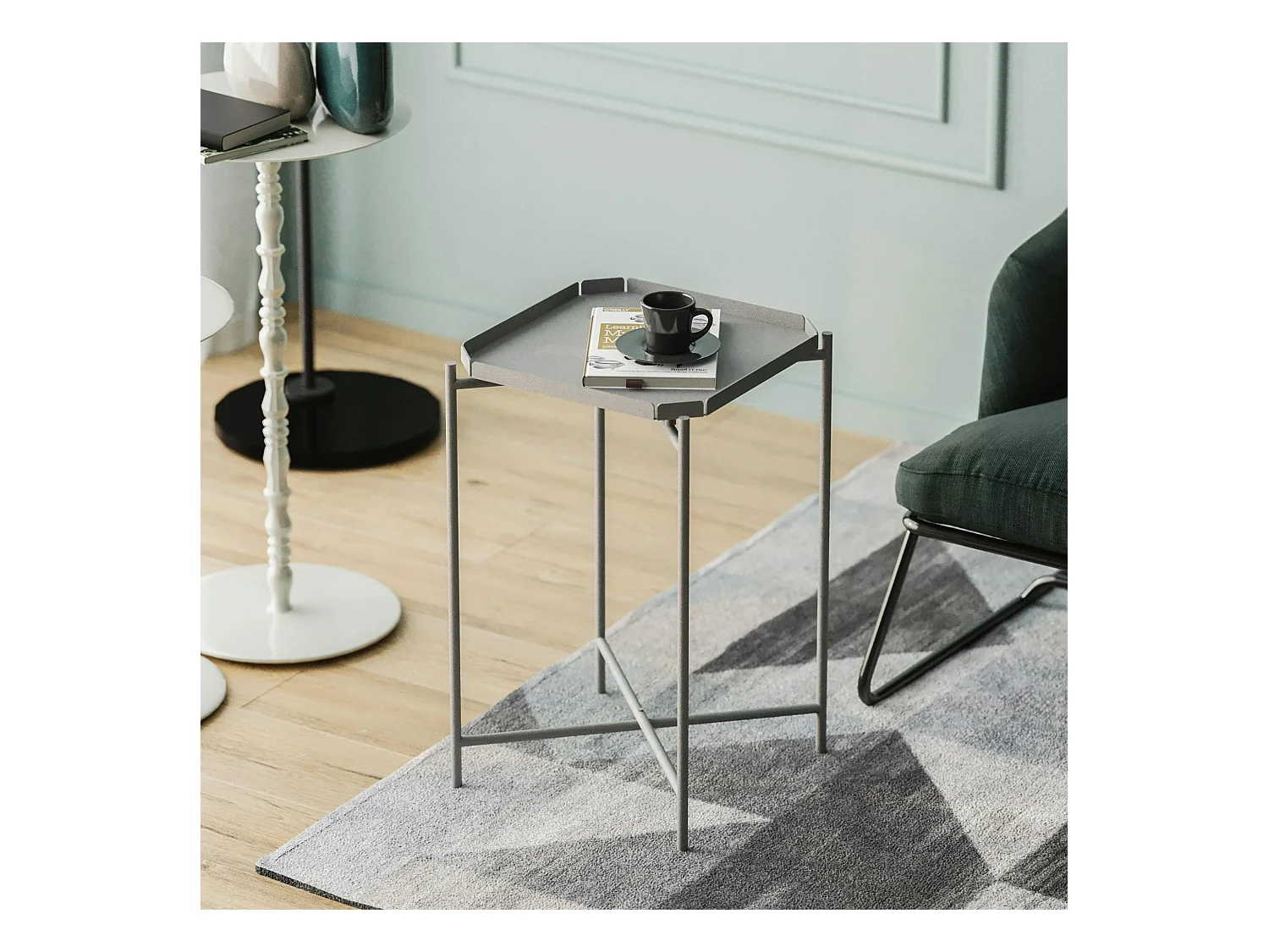 Petite table d’appoint grise carrée, pieds croisés SFAX