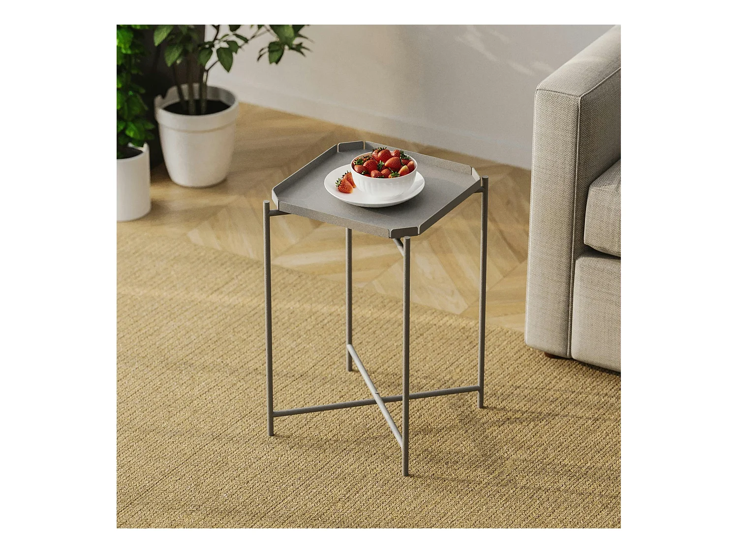 Petite table d’appoint grise carrée, pieds croisés SFAX