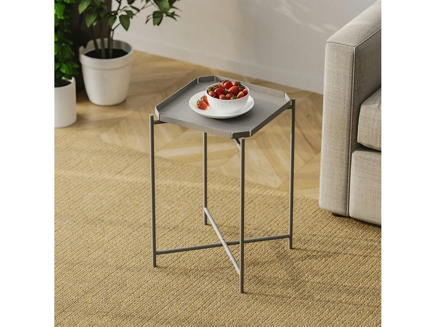 Petite table d’appoint grise carrée, pieds croisés SFAX