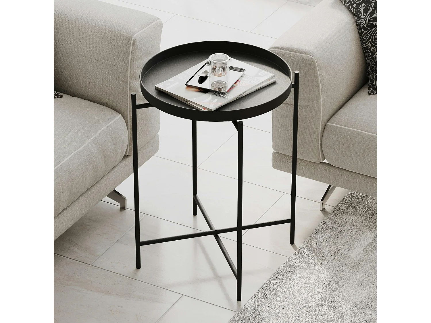 Petite table d’appoint noire - structure ronde, métal SFAX